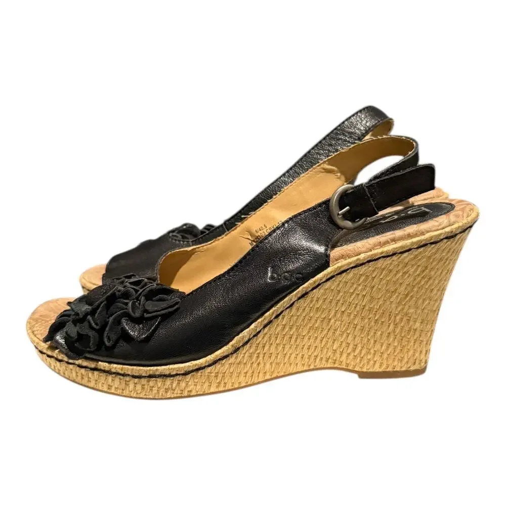 BOC Born Women’s Size 9 Black Leather Flower Open Toe Slingback Wedge Sandal